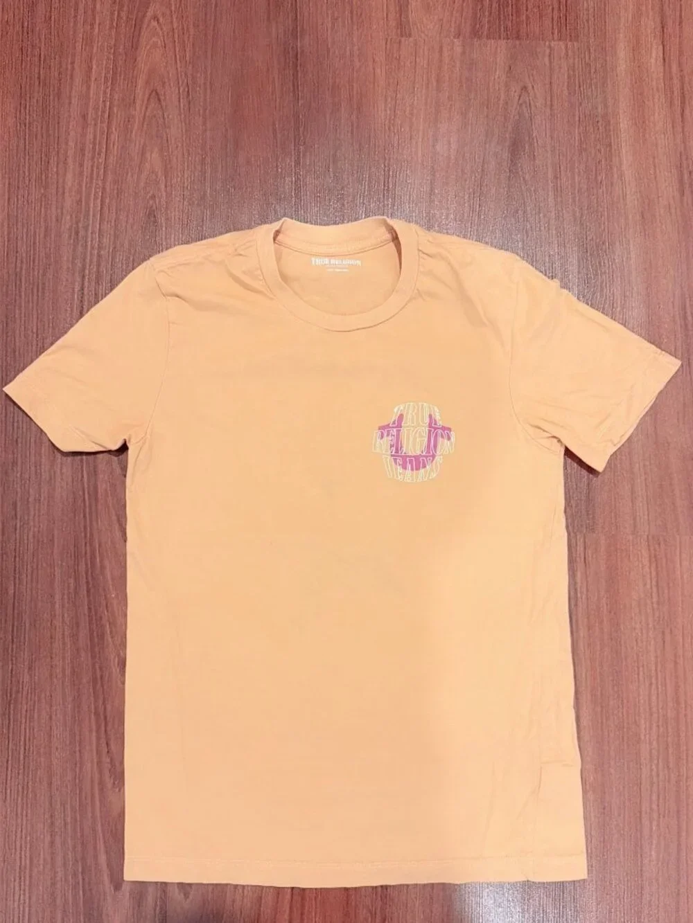 True Religion Brand Jeans T-Shirt Men’s Small Orange Peach Logo Graphic Tee